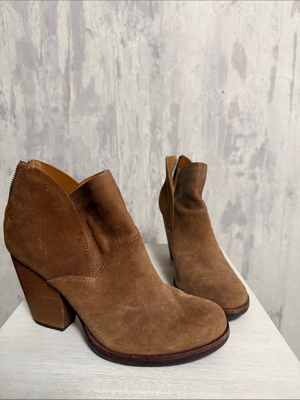 Kork-Ease Brown Suede Ankle Booties with Block Heel